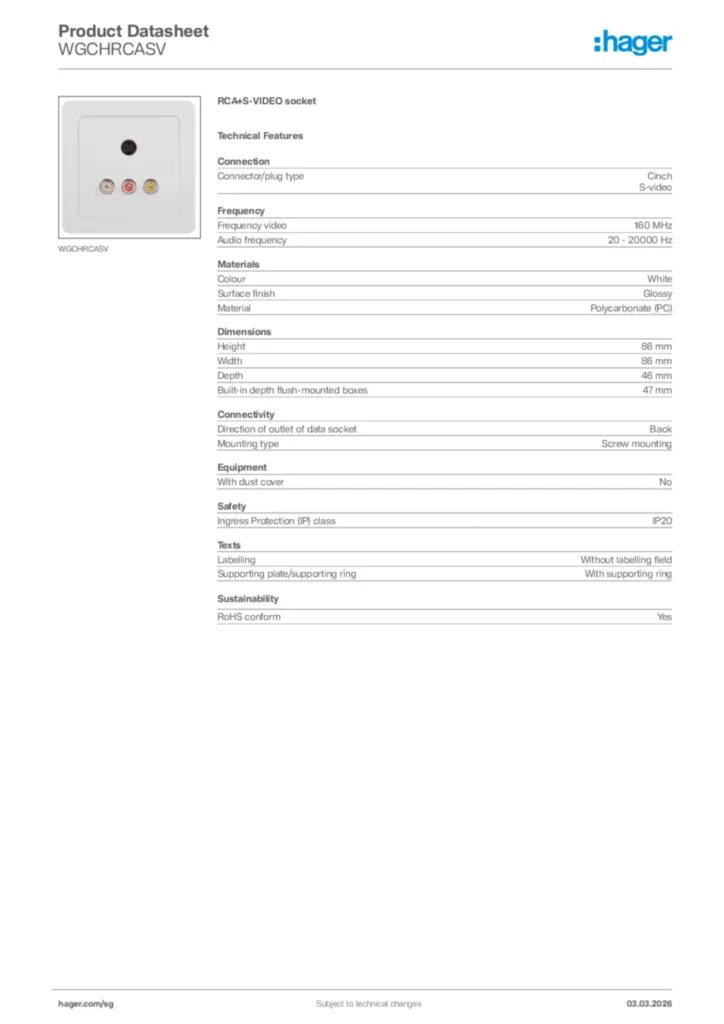 Image Hager Product data sheet WGCHRCASV  | Hager
