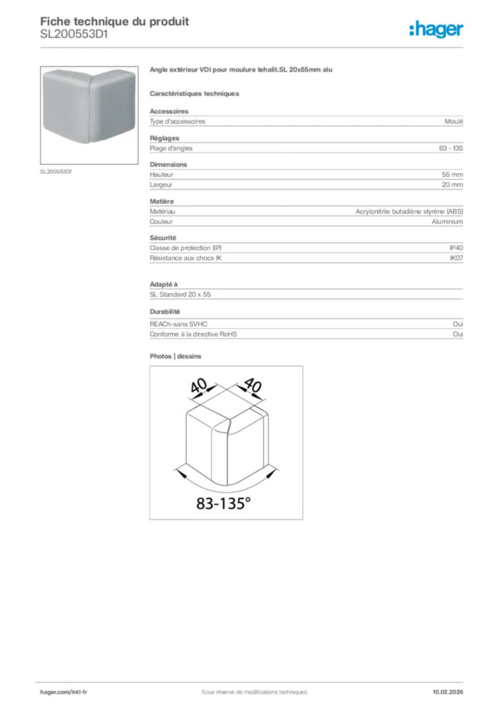 Image Hager Fiche technique du produit SL200553D1 | Hager Afrique