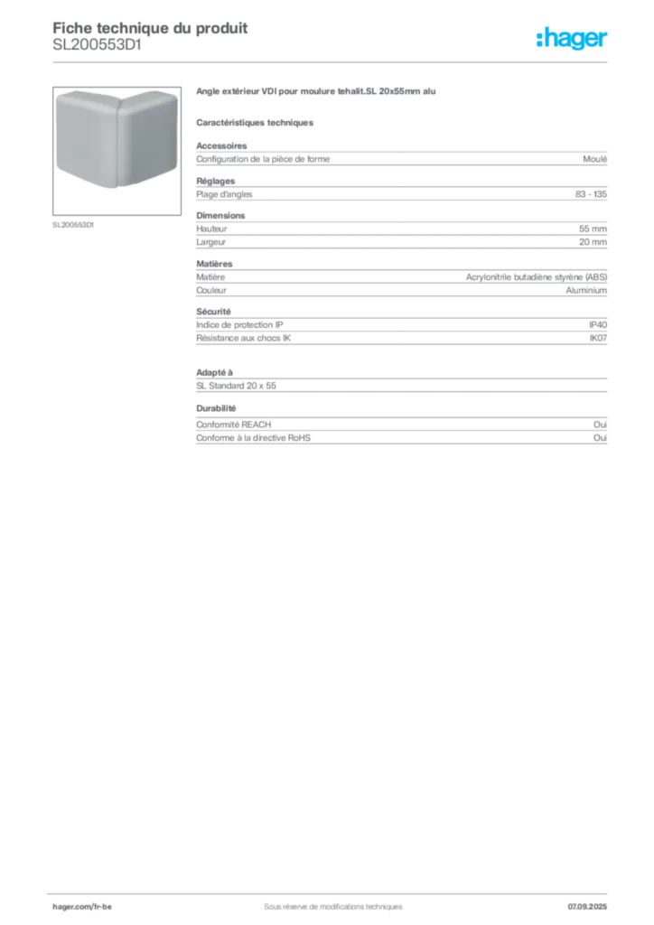 Image Hager Fiche technique du produit SL200553D1 | Hager Belgique