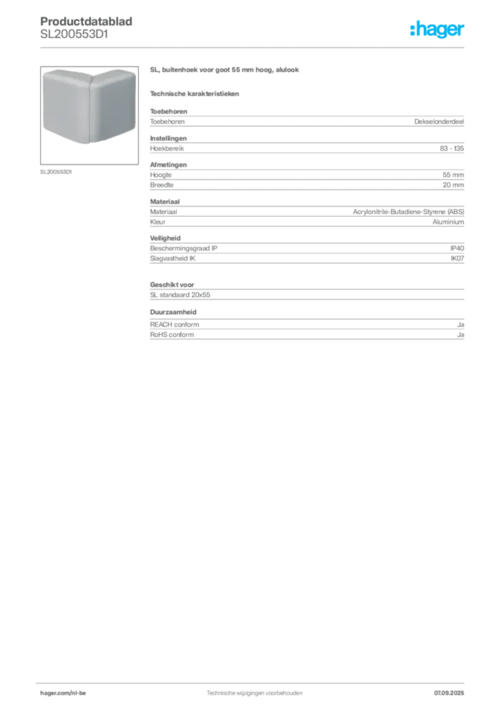 Afbeelding Hager Productdatablad SL200553D1 | Hager Belgium
