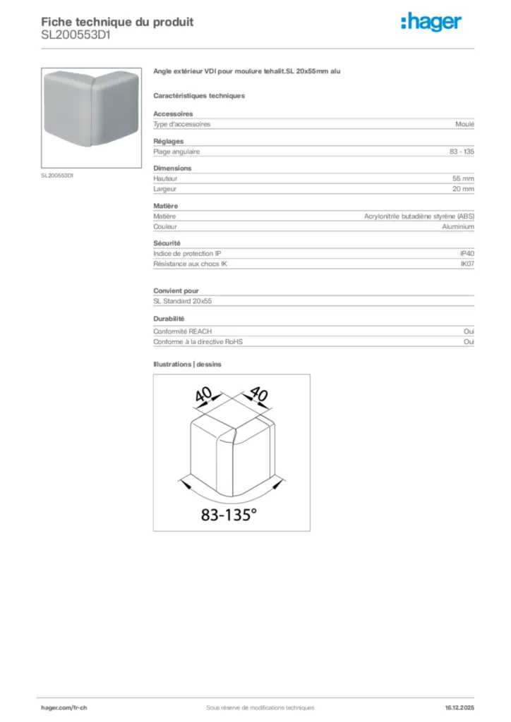 Image Hager Fiche technique du produit SL200553D1 | Hager Suisse