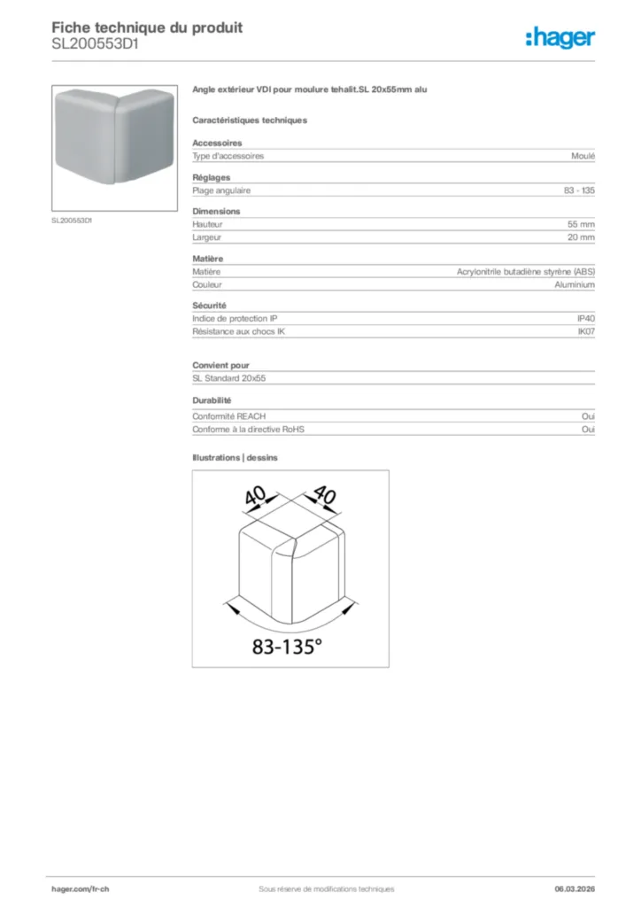 Image Hager Fiche technique du produit SL200553D1 | Hager Suisse