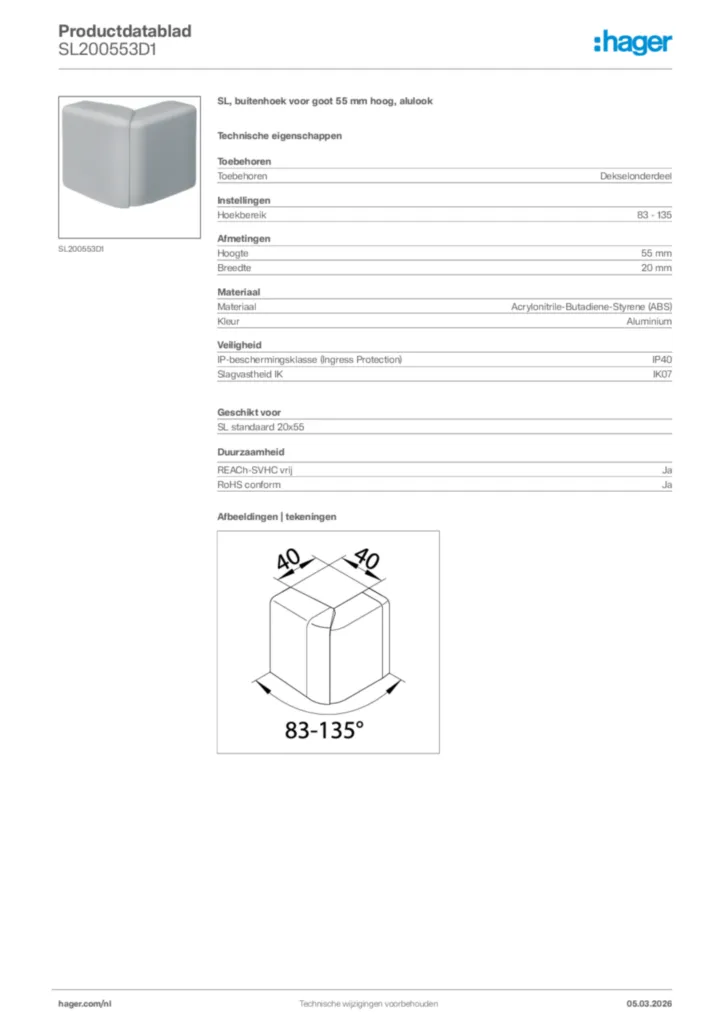 Afbeelding Hager Productdatablad SL200553D1 | Hager Nederland