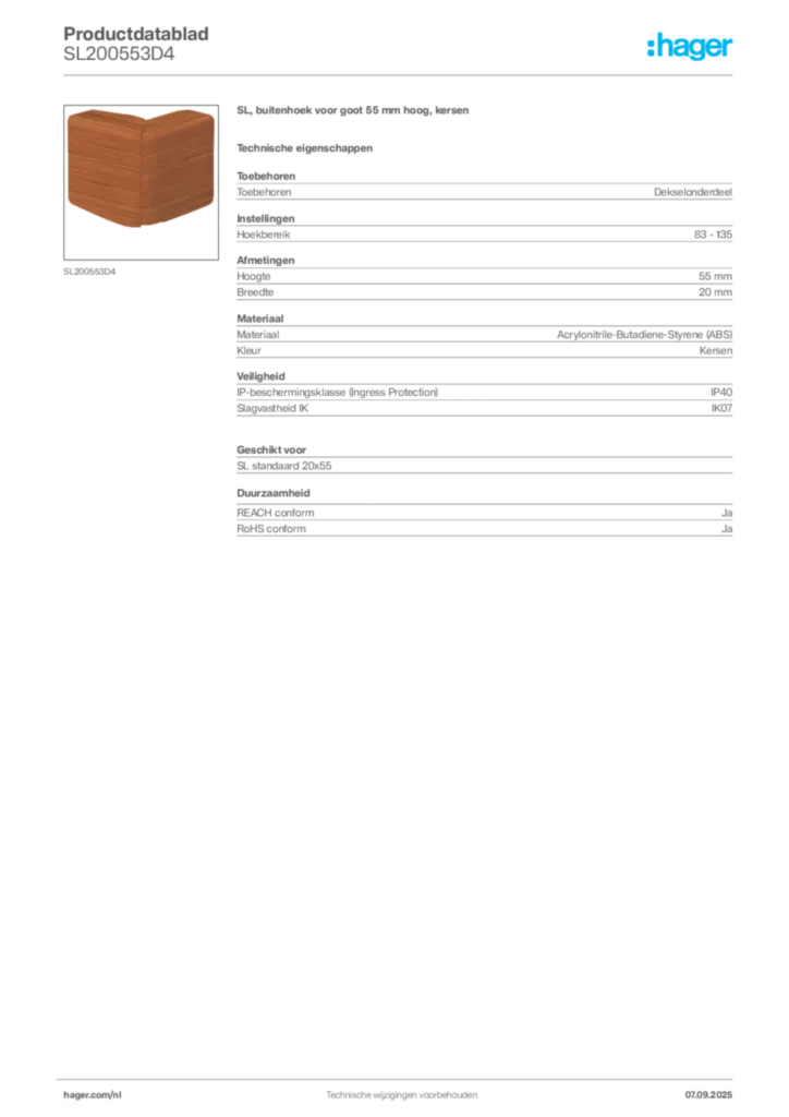 Afbeelding Hager Productdatablad SL200553D4 | Hager Nederland