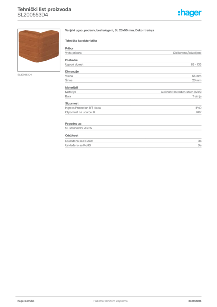 Slika Hager Product data sheet SL200553D4  | Hager