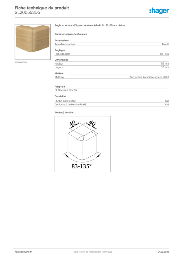 Image Hager Fiche technique du produit SL200553D5 | Hager Afrique