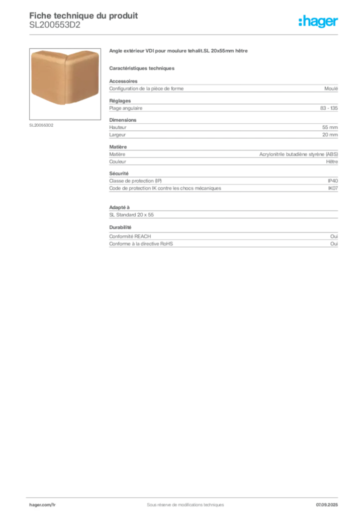 Image Hager Fiche technique du produit SL200553D2 | Hager France