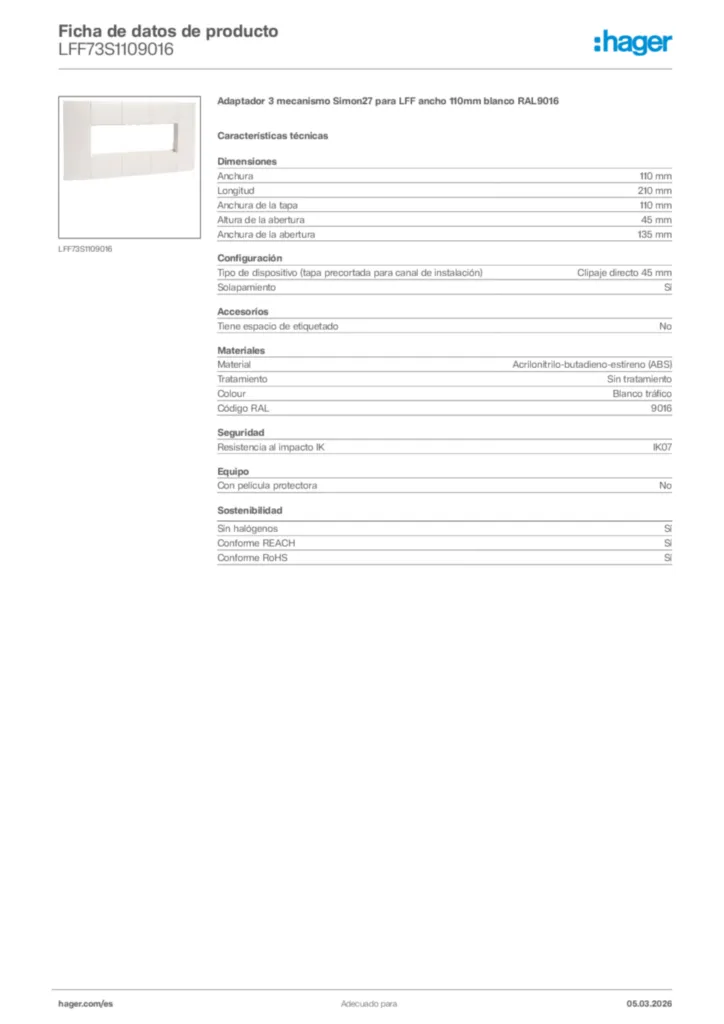 Imagen Hager Ficha de datos de producto LFF73S1109016 | Hager España