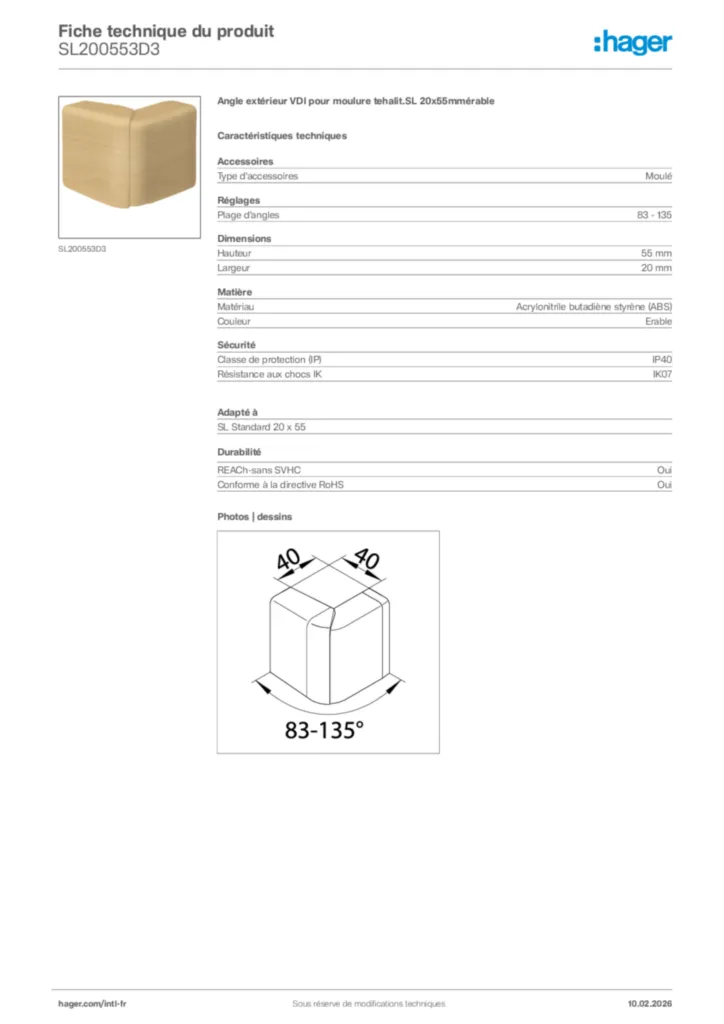 Image Hager Fiche technique du produit SL200553D3 | Hager Afrique