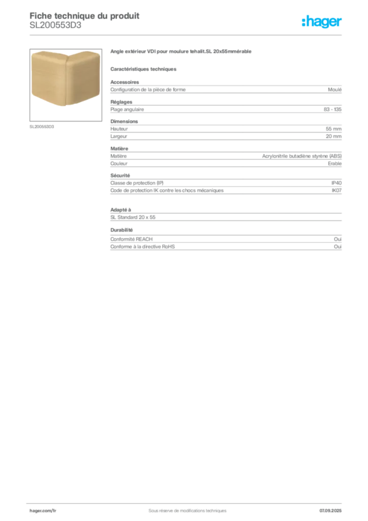 Image Hager Fiche technique du produit SL200553D3 | Hager France