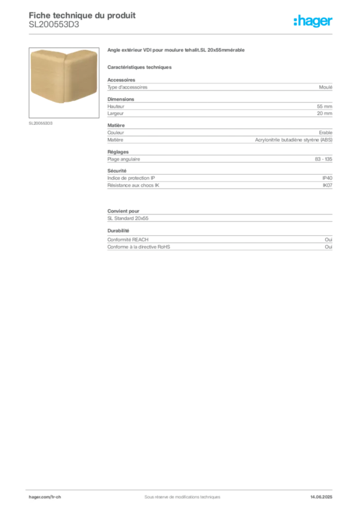 Image Hager Fiche technique du produit SL200553D3 | Hager Suisse