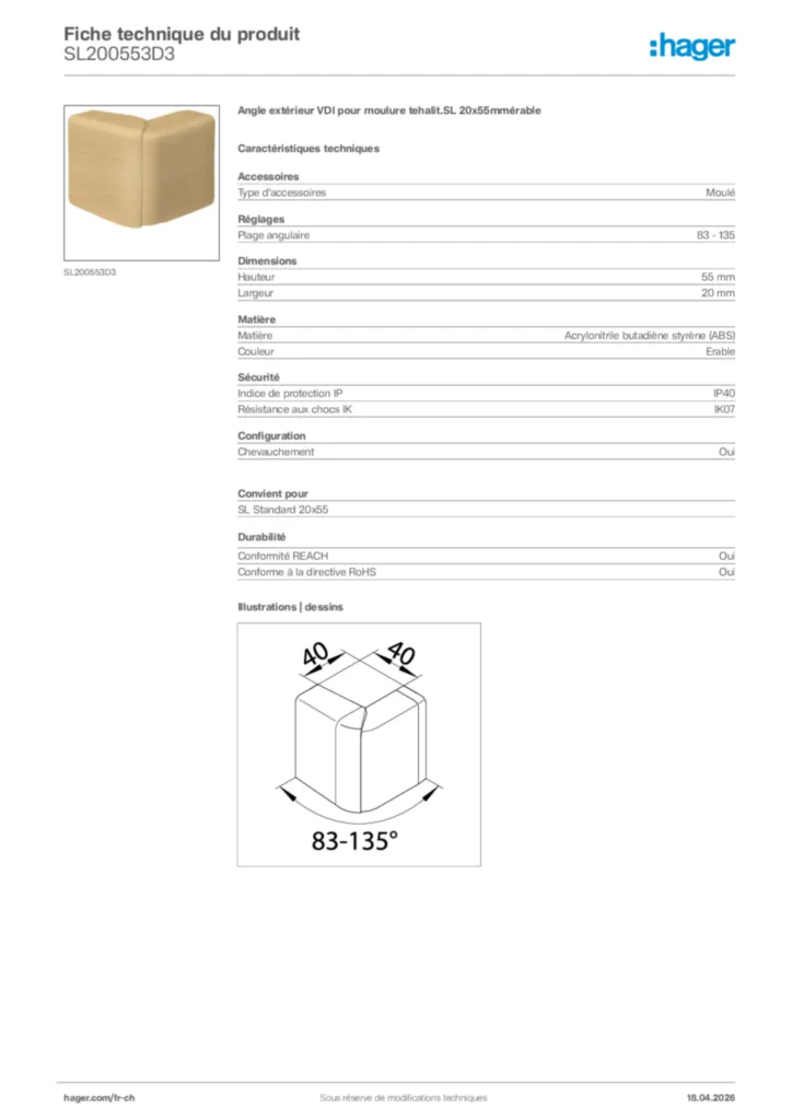 Image Hager Fiche technique du produit SL200553D3 | Hager Suisse