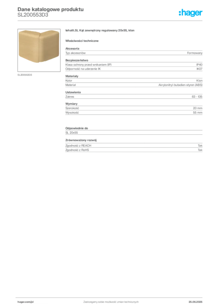 Zdjęcie Hager Karta katalogowa SL200553D3 | Hager Polska