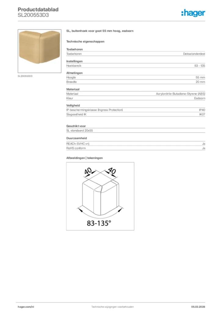 Afbeelding Hager Productdatablad SL200553D3 | Hager Nederland