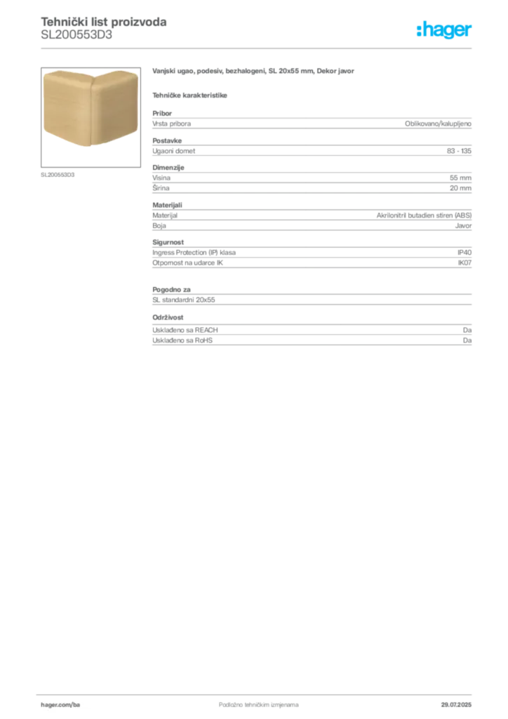 Slika Hager Product data sheet SL200553D3  | Hager