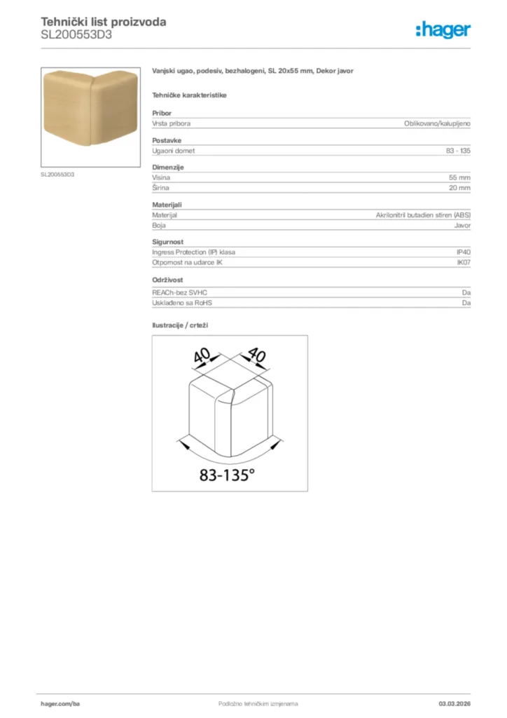 Slika Hager Tehnički list proizvoda SL200553D3  | Hager