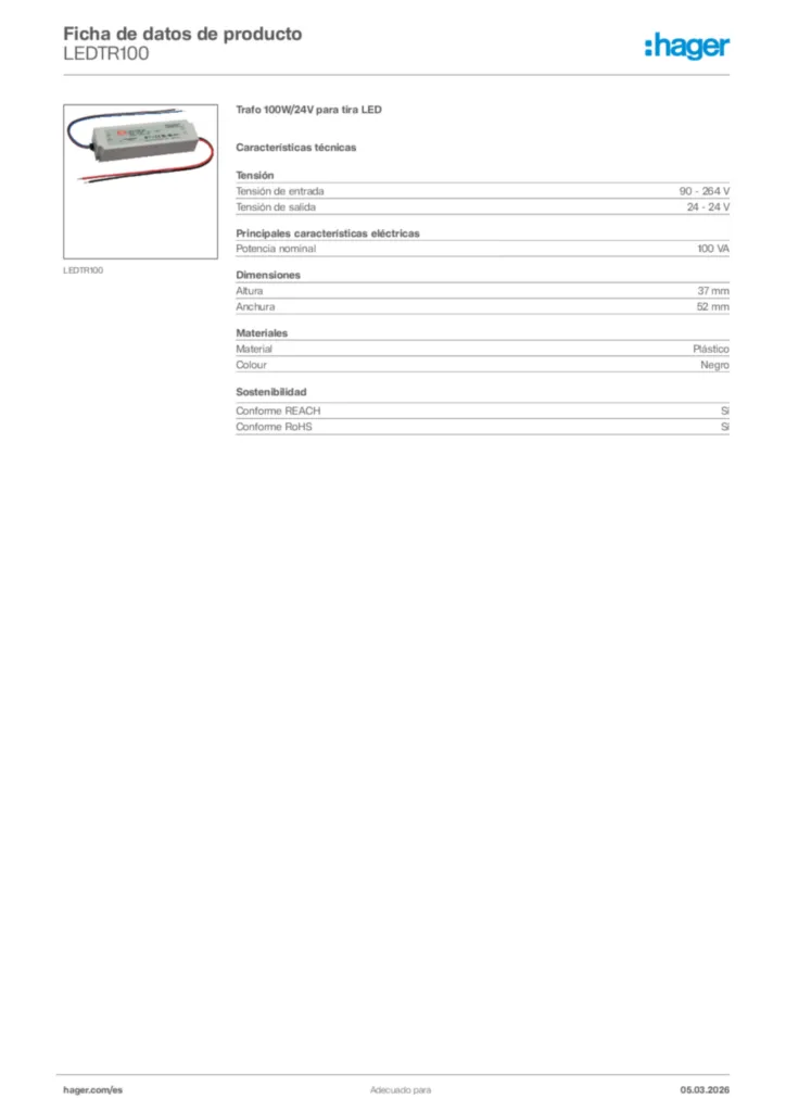 Imagen Hager Ficha de datos de producto LEDTR100 | Hager España