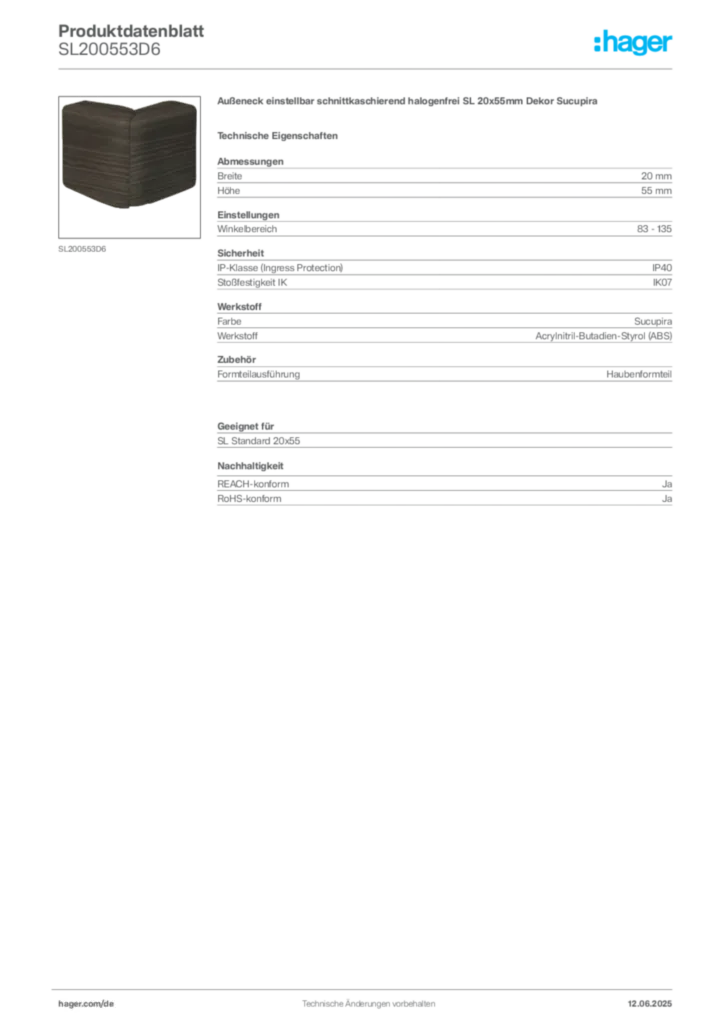 Bild Hager Produktdatenblatt SL200553D6 | Hager Deutschland
