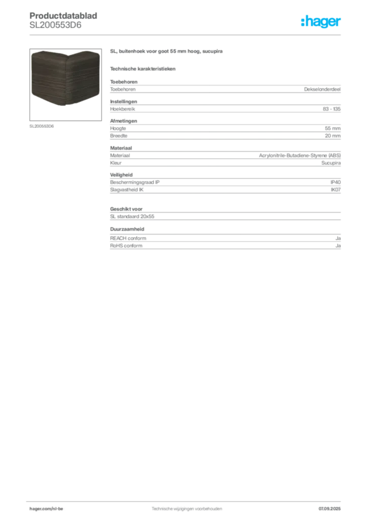 Afbeelding Hager Productdatablad SL200553D6 | Hager Belgium