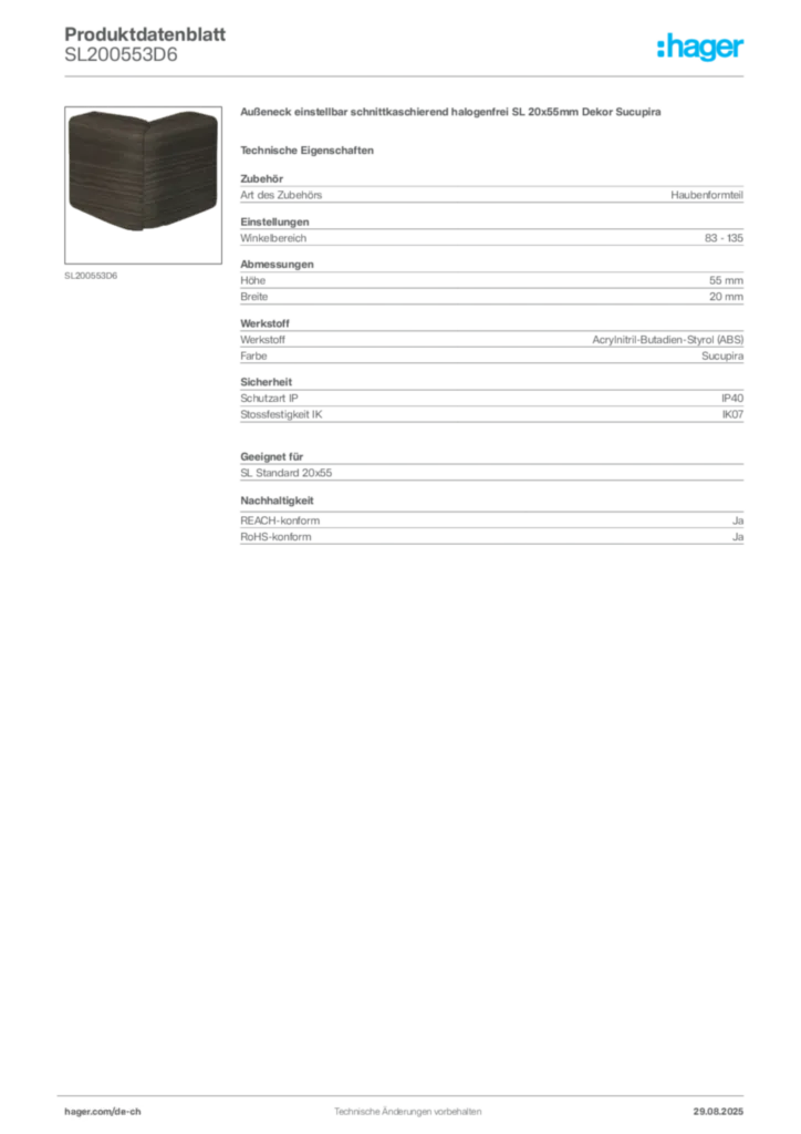 Bild Hager Produktdatenblatt SL200553D6 | Hager Schweiz