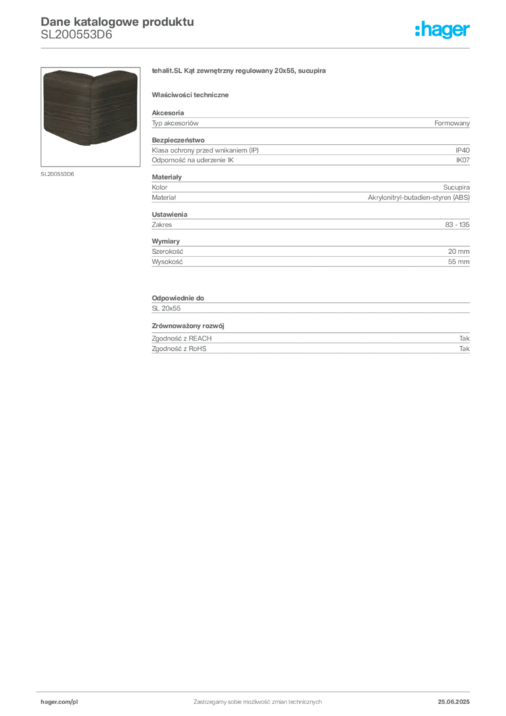 Zdjęcie Hager Karta katalogowa SL200553D6 | Hager Polska