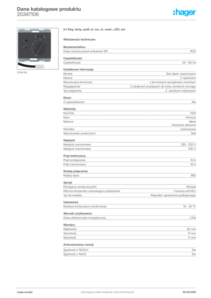 Zdjęcie Hager Karta katalogowa 20347106 | Hager Polska