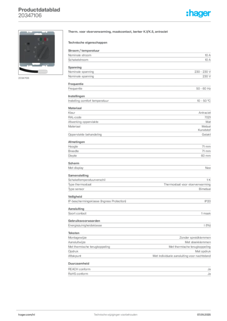 Afbeelding Hager Productdatablad 20347106 | Hager Nederland