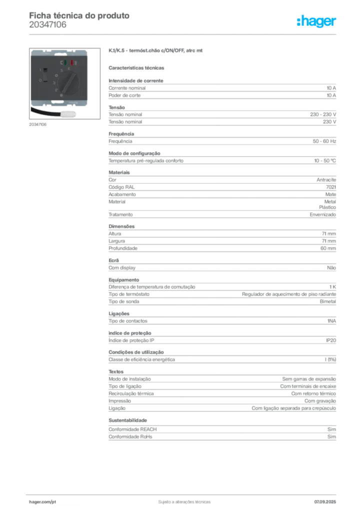 Imagem Hager Ficha técnica do produto 20347106 | Hager Portugal