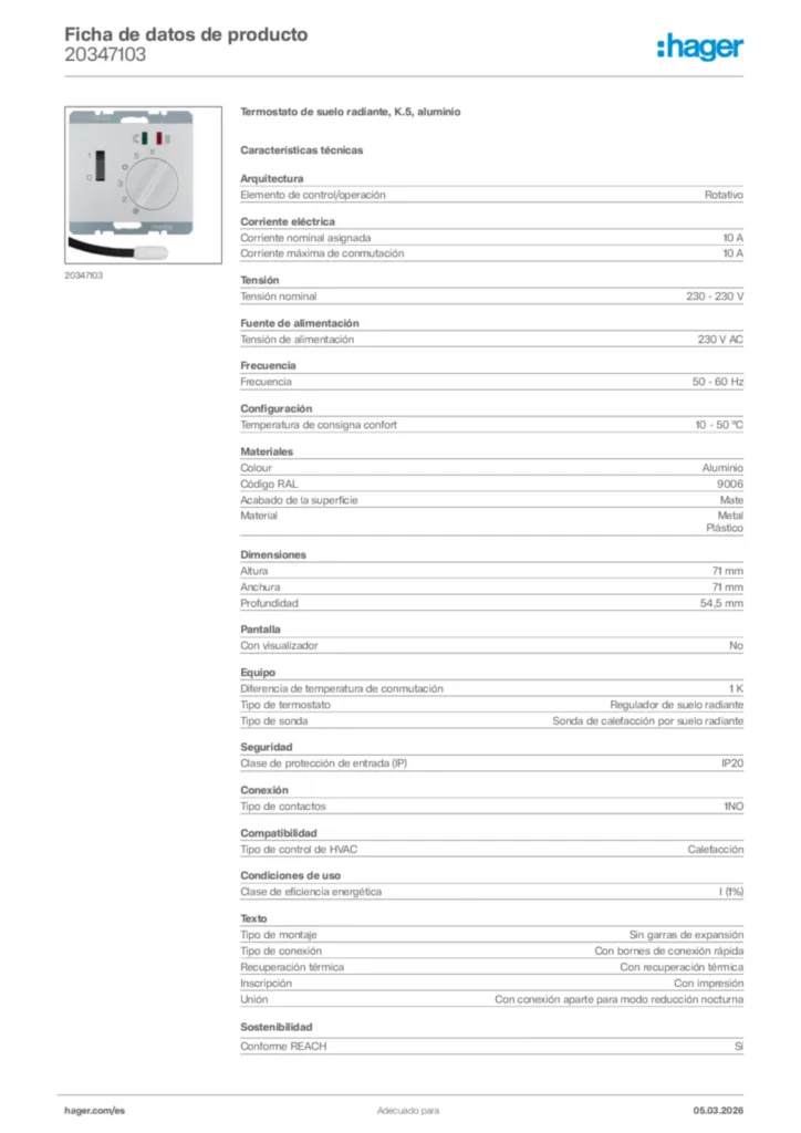 Imagen Hager Ficha de datos de producto 20347103 | Hager España