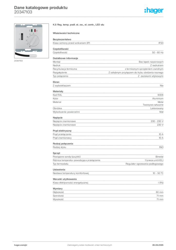 Zdjęcie Hager Karta katalogowa 20347103 | Hager Polska