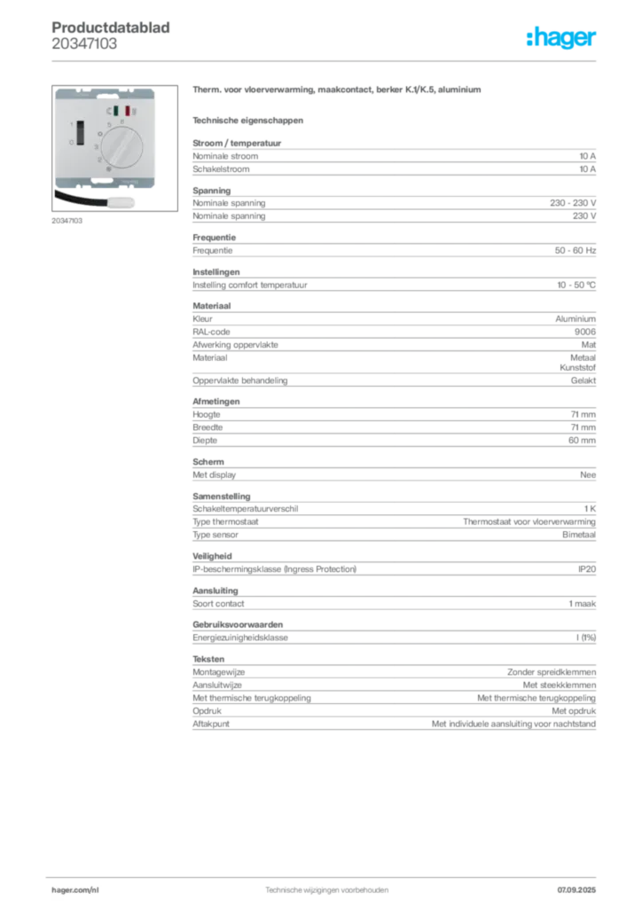 Afbeelding Hager Productdatablad 20347103 | Hager Nederland