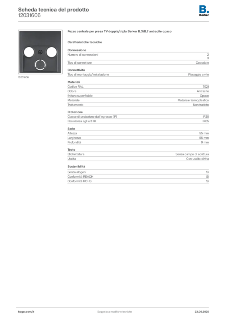 Immagine Berker Scheda tecnica del prodotto 12031606 | Hager Italia