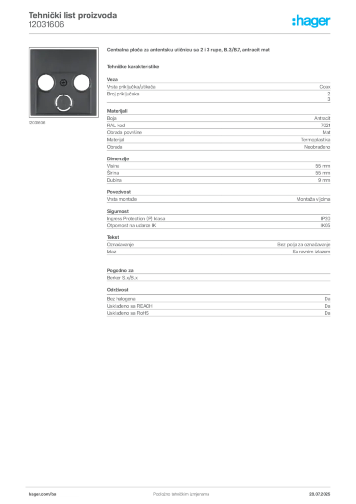 Slika Hager Product data sheet 12031606  | Hager