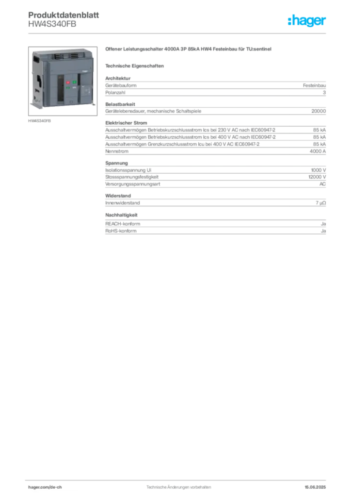 Bild Hager Produktdatenblatt HW4S340FB | Hager Schweiz