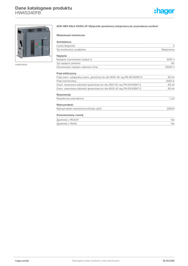 Zdjęcie Hager Karta katalogowa HW4S340FB | Hager Polska