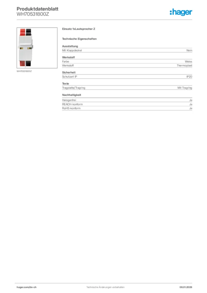 Bild Hager Produktdatenblatt WH70531800Z | Hager Schweiz