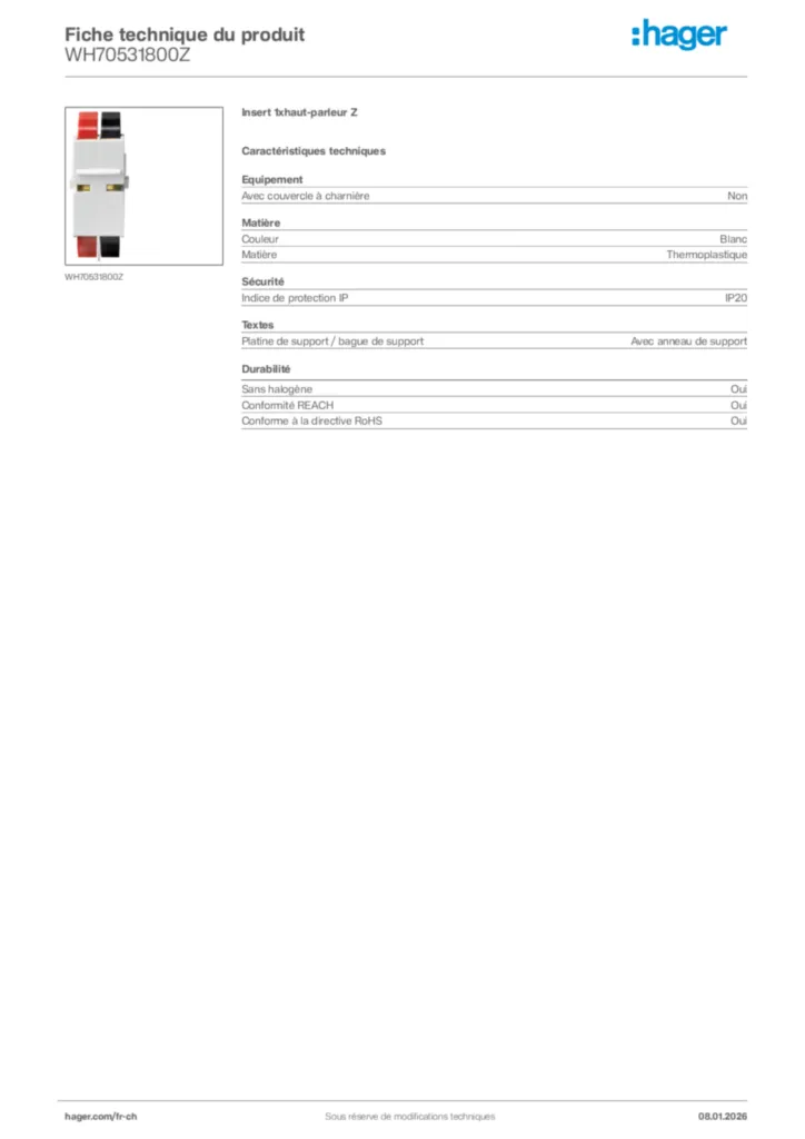 Image Hager Fiche technique du produit WH70531800Z | Hager Suisse