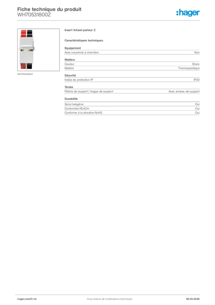 Image Hager Fiche technique du produit WH70531800Z | Hager Suisse