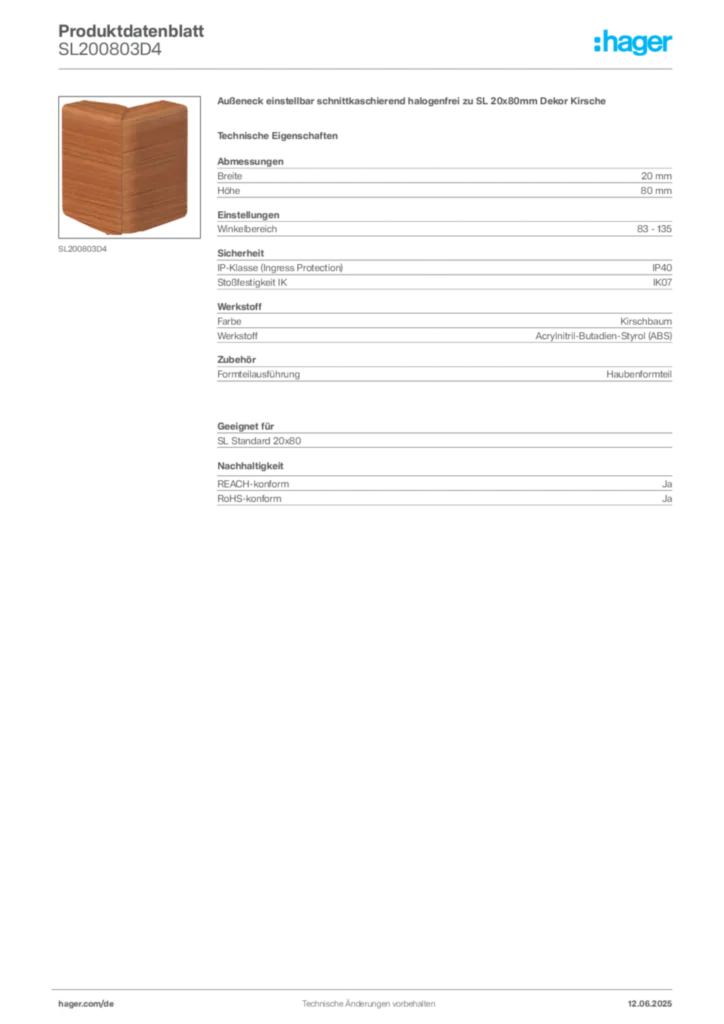Bild Hager Produktdatenblatt SL200803D4 | Hager Deutschland