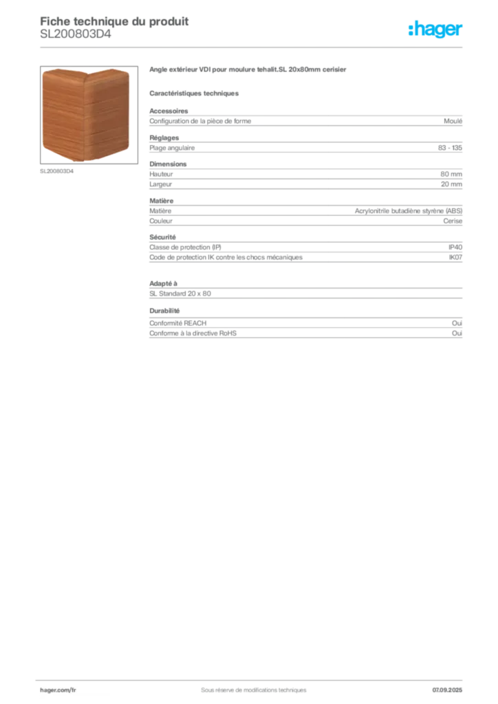 Image Hager Fiche technique du produit SL200803D4 | Hager France
