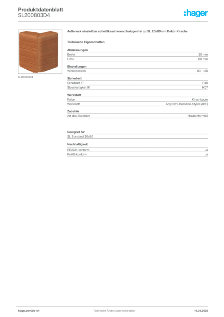 Bild Hager Produktdatenblatt SL200803D4 | Hager Schweiz