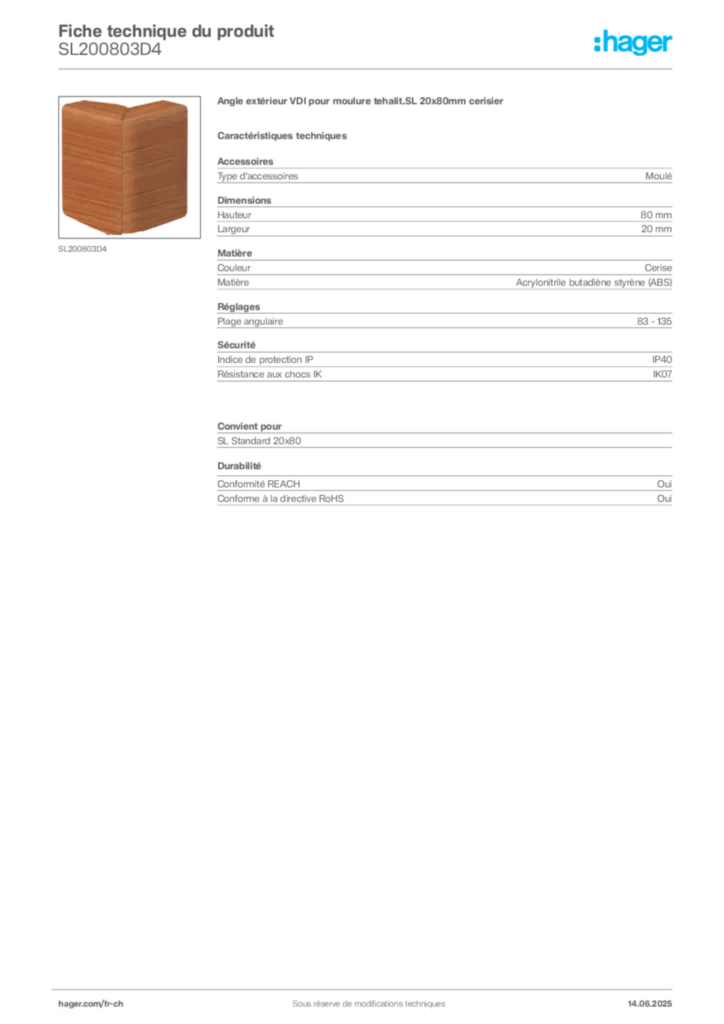 Image Hager Fiche technique du produit SL200803D4 | Hager Suisse