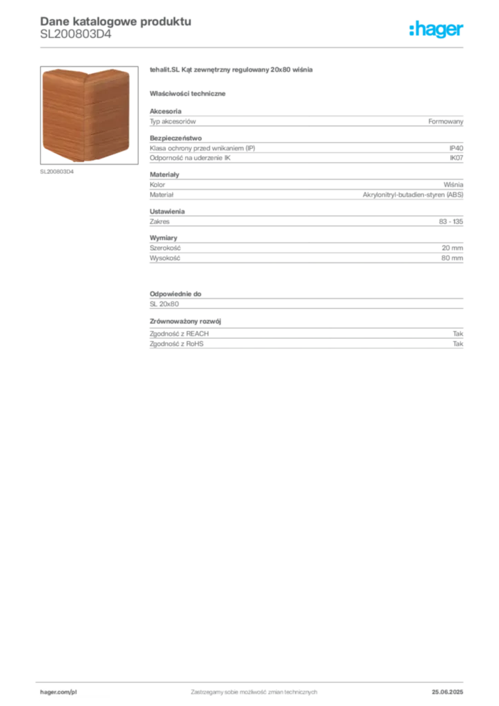 Zdjęcie Hager Karta katalogowa SL200803D4 | Hager Polska