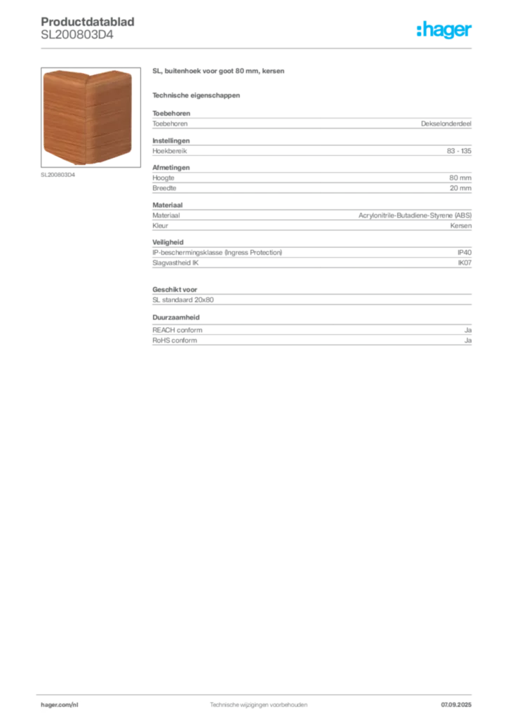 Afbeelding Hager Productdatablad SL200803D4 | Hager Nederland