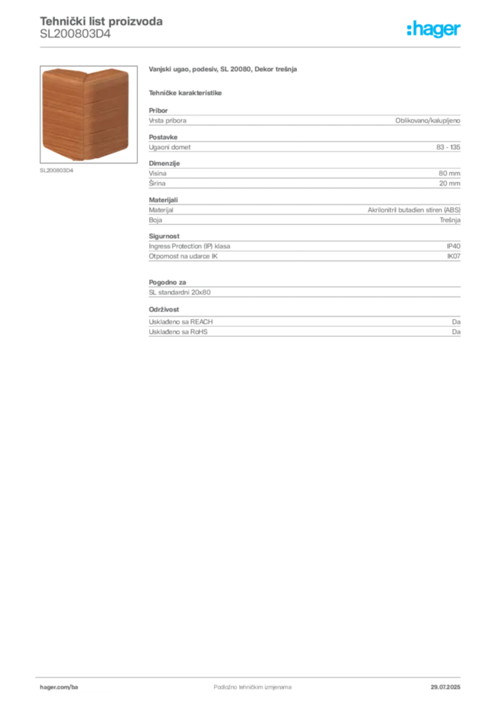 Slika Hager Product data sheet SL200803D4  | Hager