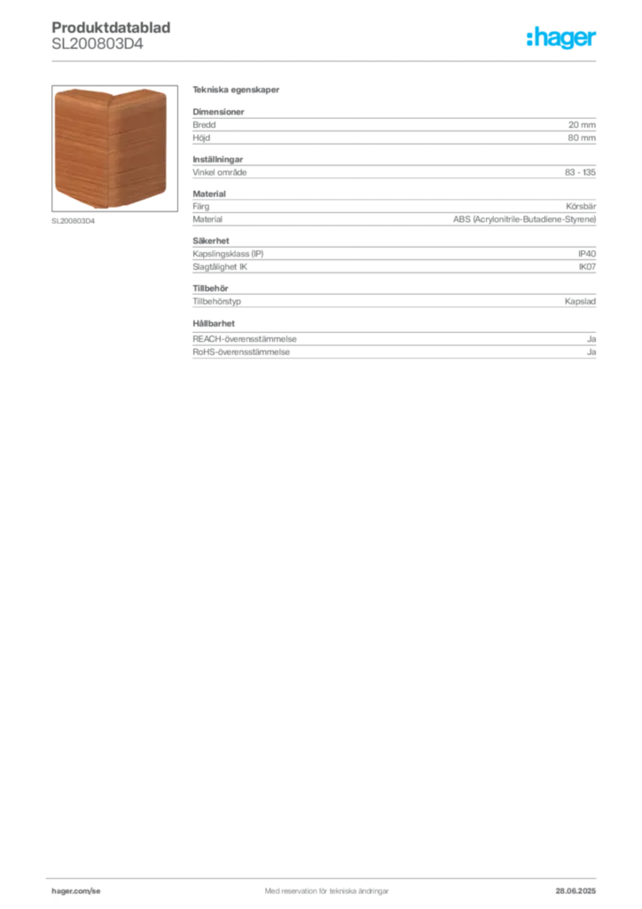 Bild Hager Produktdatablad SL200803D4 | Hager Sverige
