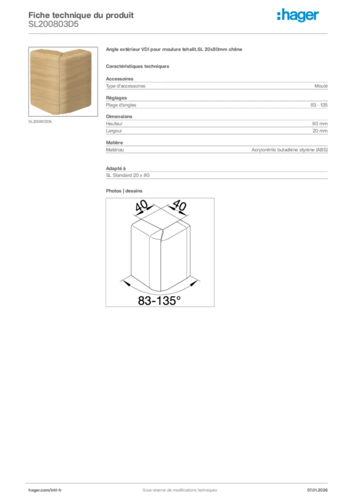 Image Hager Fiche technique du produit SL200803D5 | Hager Afrique