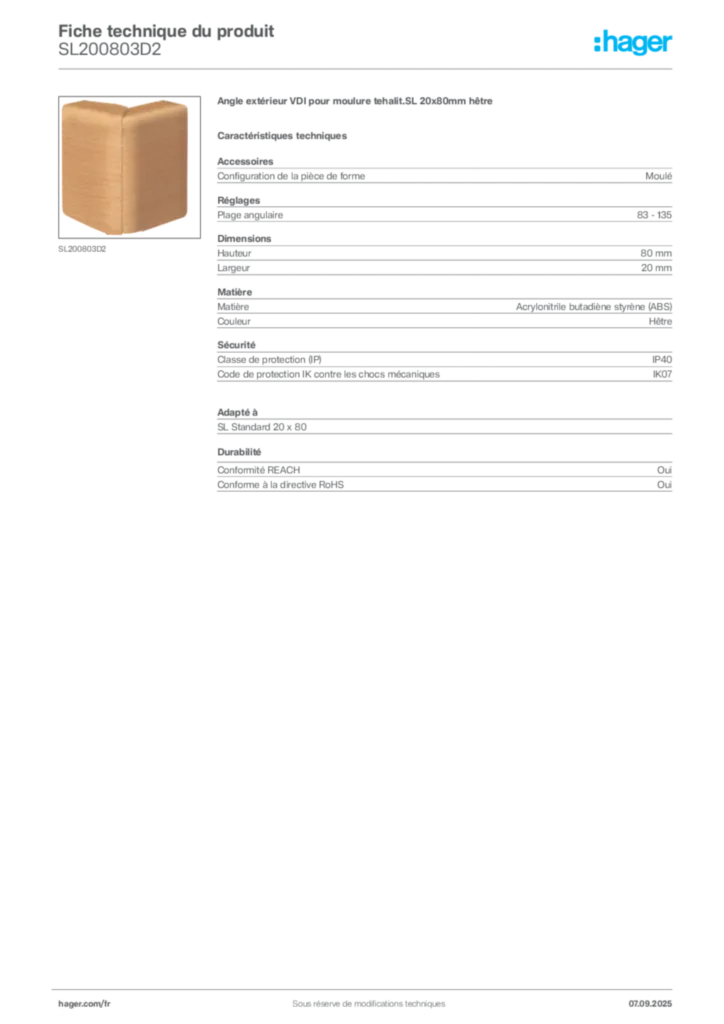 Image Hager Fiche technique du produit SL200803D2 | Hager France
