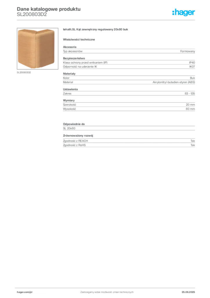 Zdjęcie Hager Karta katalogowa SL200803D2 | Hager Polska