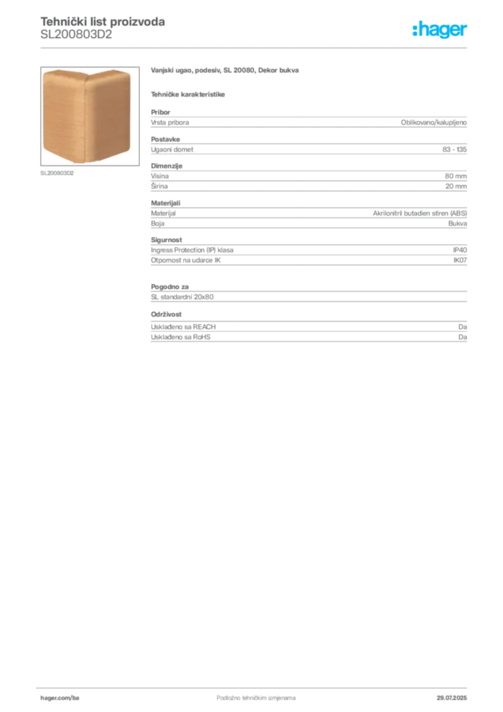Slika Hager Product data sheet SL200803D2  | Hager